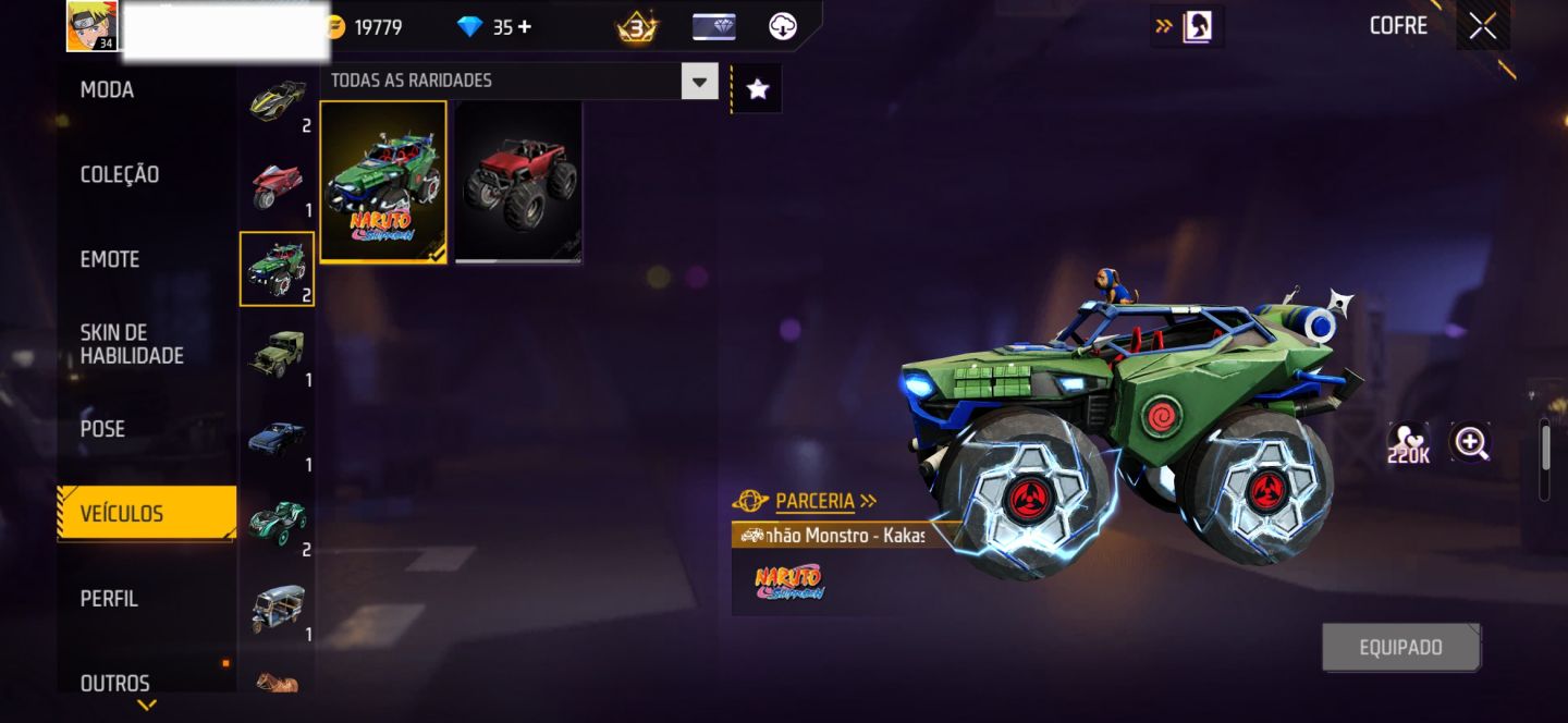 CONTA FF COM SKINS DA PARCERIA NARUTO + 2 EVO