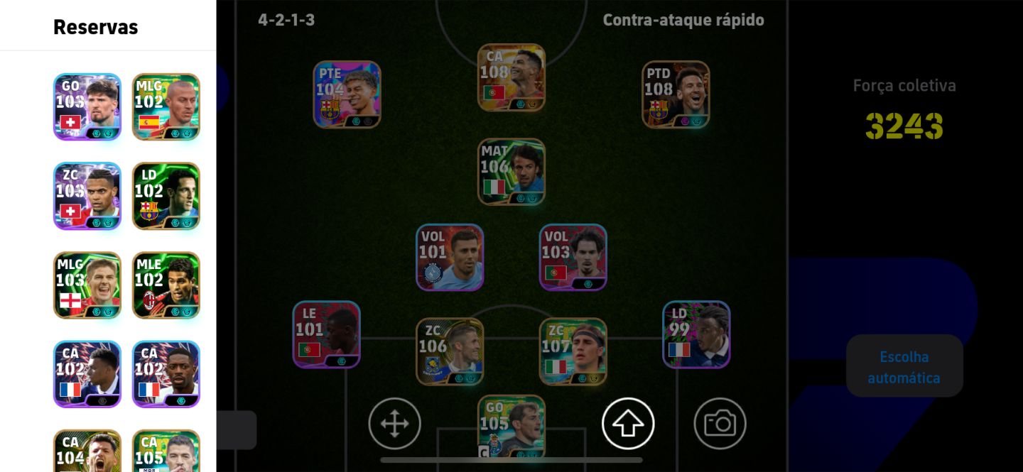 CONTA eFOOTBALL MOBILE TOP! ELENCO ESTRELADO + CRISTIANO RONALDO 108 E MESSI 104