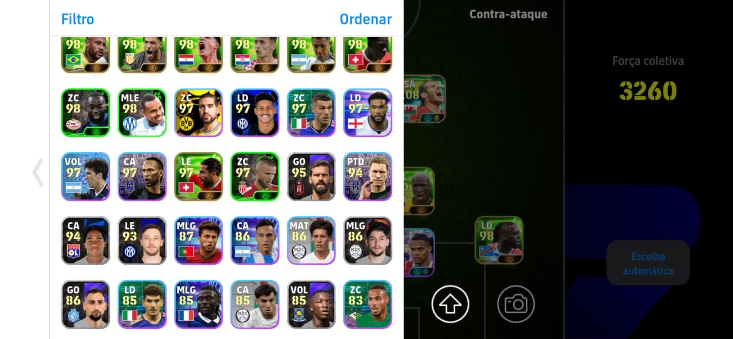 Conta de eFootball, 3260 de força. Del Pieiro 108 blitz, Pelé 109, Bale 108