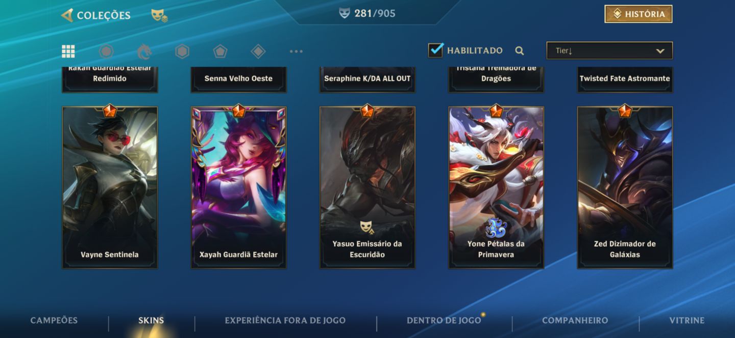 CONTA WILD RIFT COM 281 Skins, Challenger uma vez e tem 344 moedas laranjas