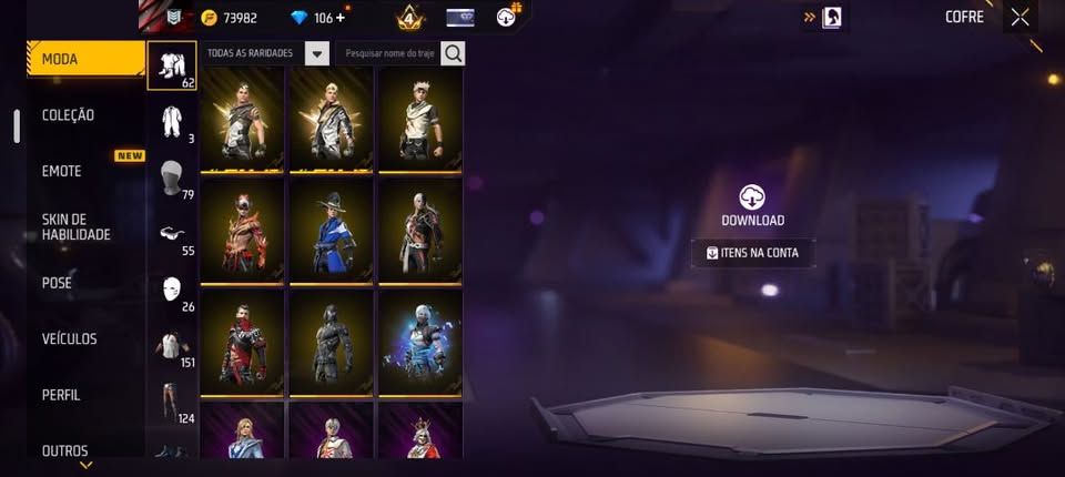 Conta Free Fire com 151 Camisas e 124 Calças