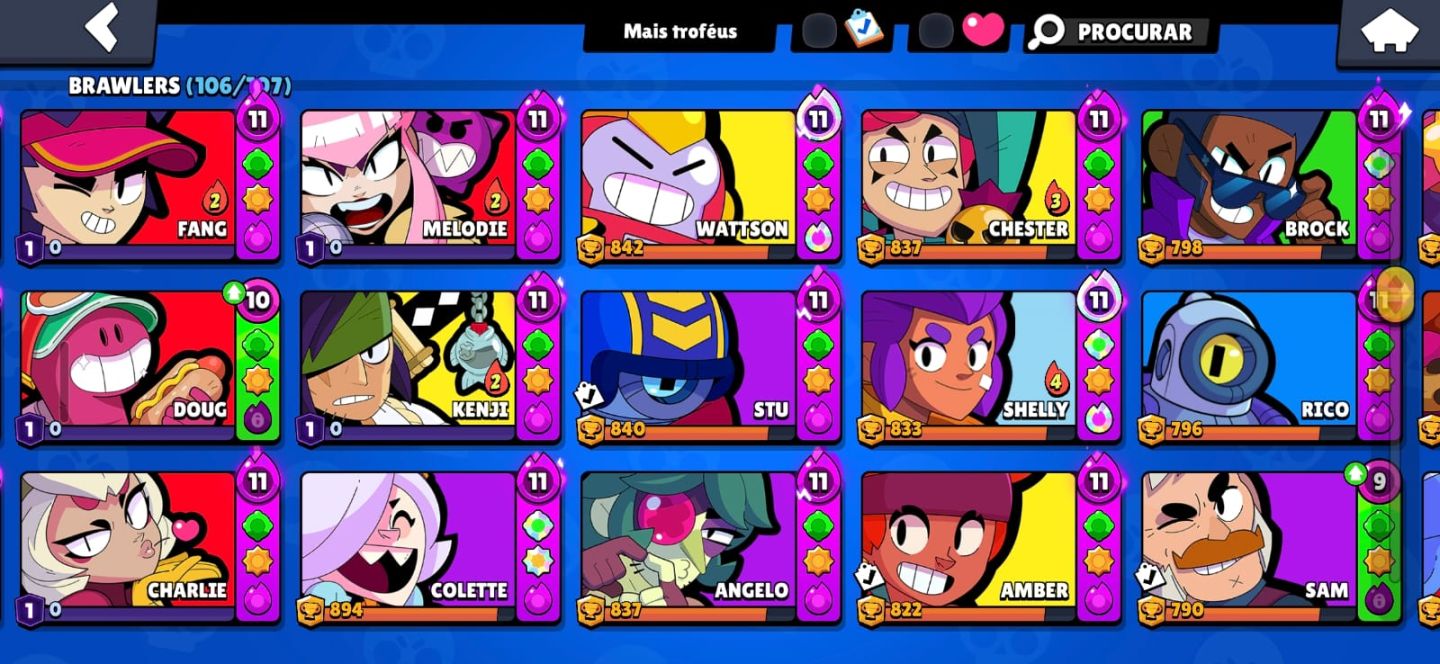 Conta Brawl Stars 77K Troféus | 106 Brawlers | 74 Hipercargas | 331 Skins