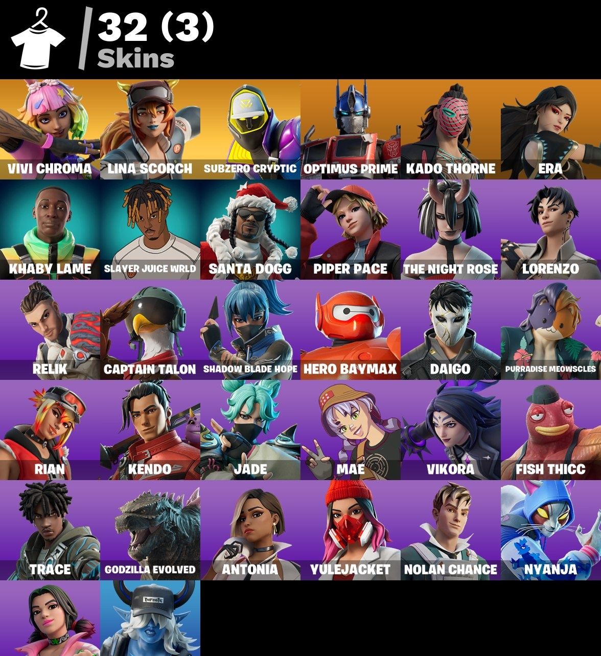 Conta Fortnite 32 SKINS/CAPTAIN TALON/ HERO BAYMAX/ GODZILLA /SOMENTE PC