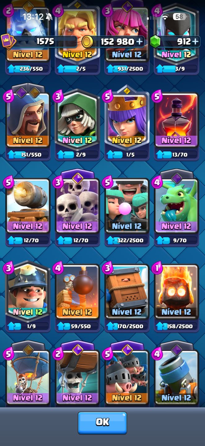CONTA CLASH ROYALE 11821 Troféus, CORREDOR NVL 16 POSSUI TODAS AS CARTAS
