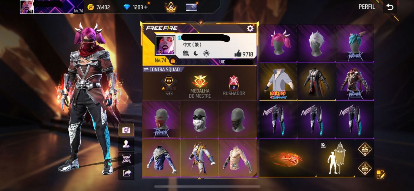 Conta free fire super gemada level 74 9700+ likes, ragnarok, punho, angelical