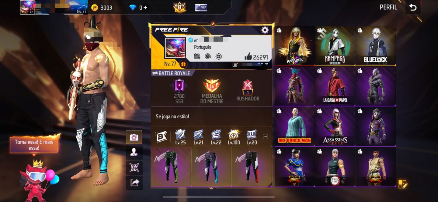 CONTA FREE FIRE FULL PARCERIA + 1K DE PEITAS + RAGNAROK+ PRIME 8 + PES DESCALÇO