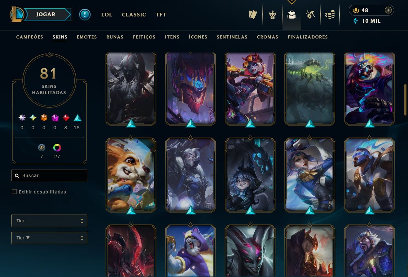 CONTA LOL NV 244 | MMR ALTO (CAINDO C/ PLATINA/ESMERALDA) | 81 SKINS (8 LENDÁRIA