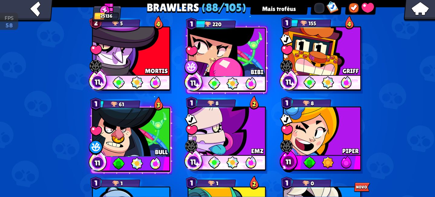 25k de troféu, Todos os lendários 88 brawler, 17 hipercarga e 6 buffs completos