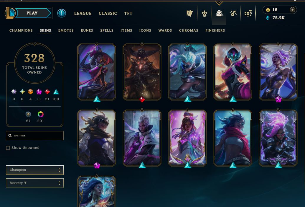CONTA MASTER LOL | COLEÇÃO SENNA COMPLETA + VICTORIOUS COMPLETA | 328 SKINS