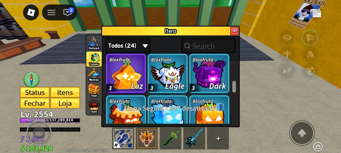 Blox Fruits LV 2554 + Fruta TigerMítica + 2 Kitsune + Venom + Dark Dager yoru v2