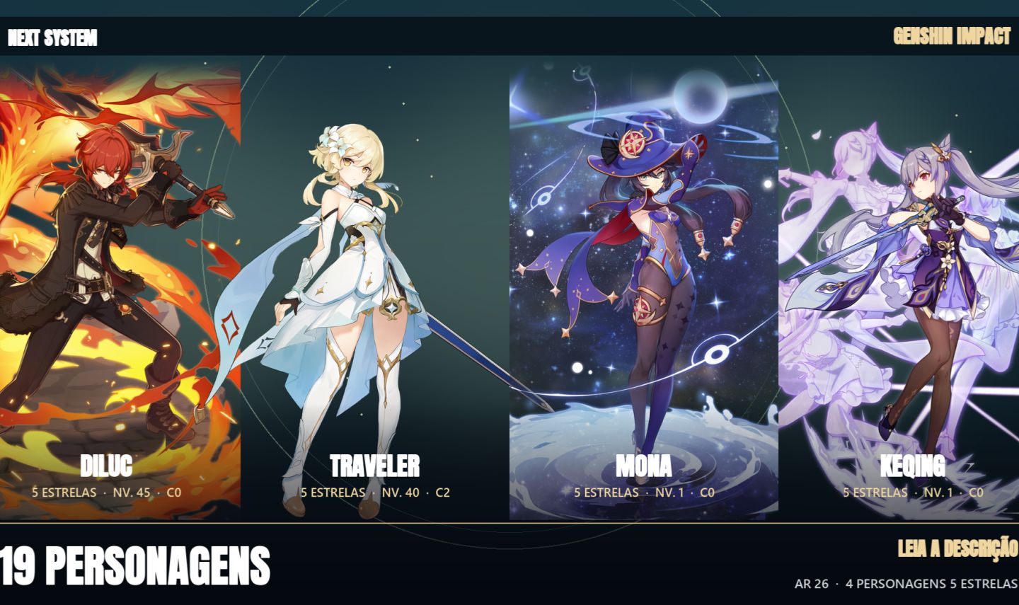 Conta Genshin Impact | AR 26 | 19 Personagens | 4 Lendários 5 |