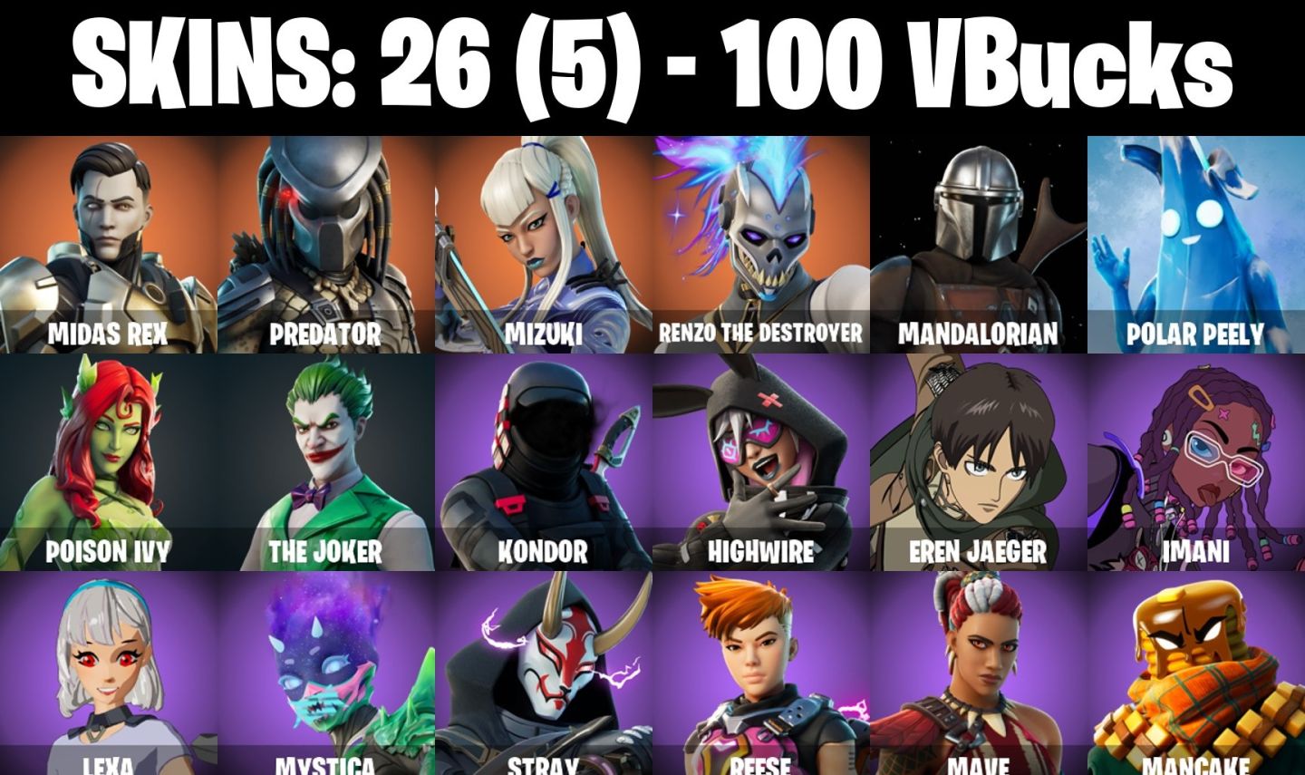 Conta Fortnite com Midas Rex | Predator | Mizuki | Renzo the Destroye e 26 Skins