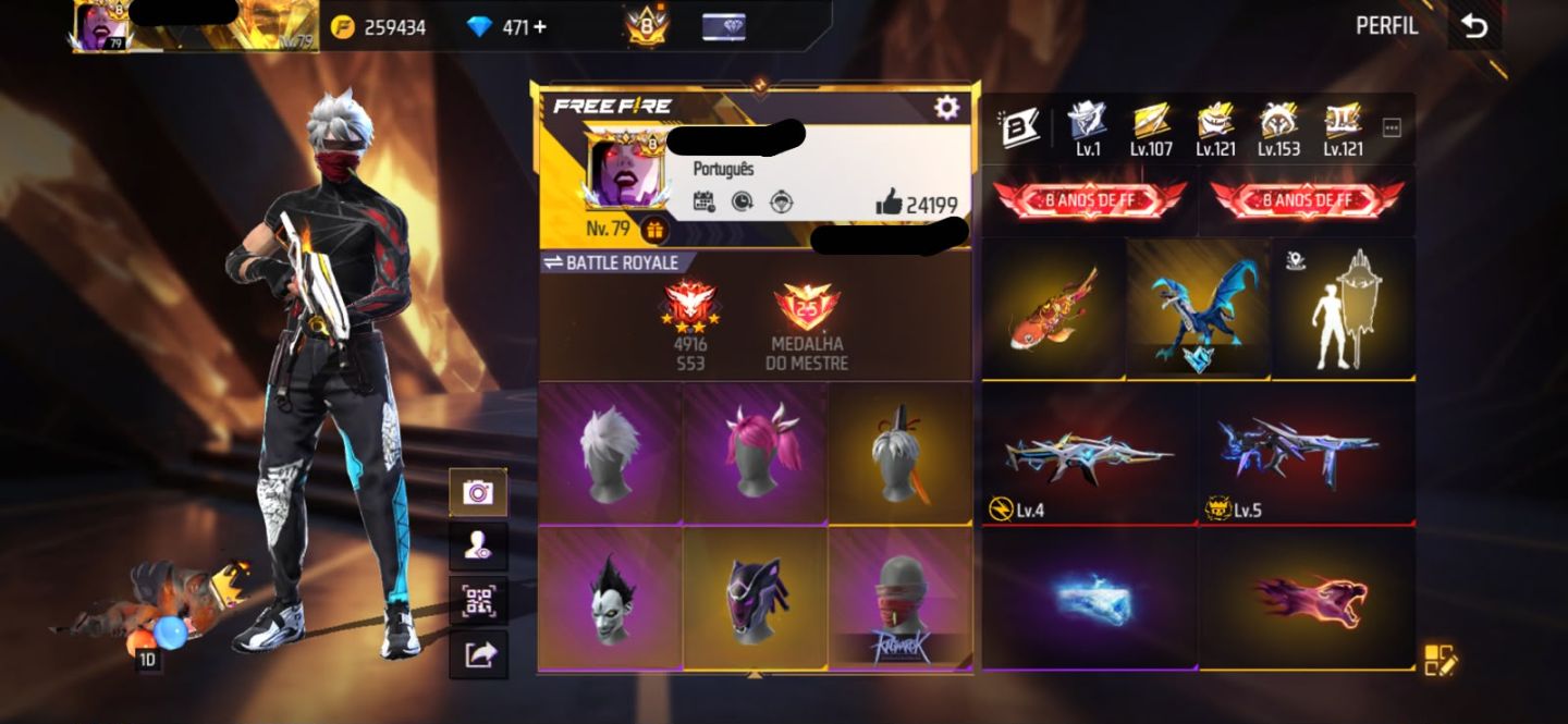 Conta free fire gemada com ragnarok, barbinha, punho, 800+ peitorais, prime 8