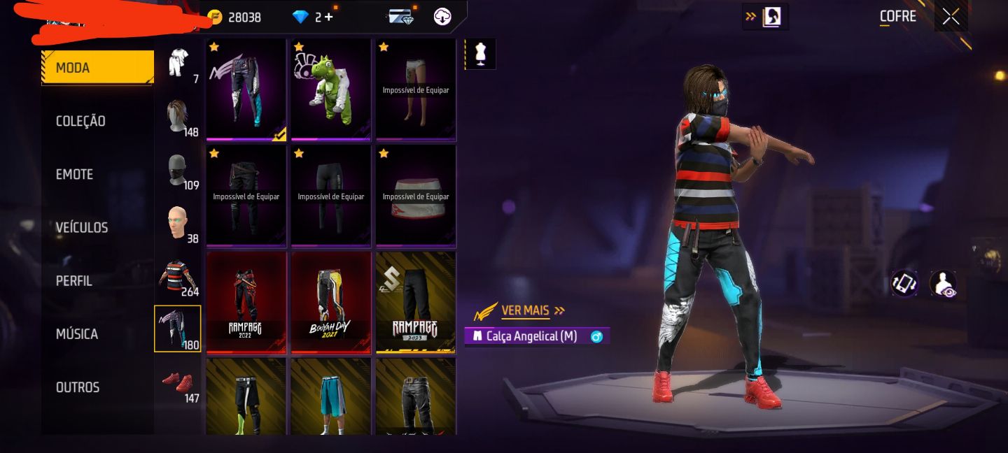 Conta Rara Free Fire Nível 63 com calça angelical e vários passes