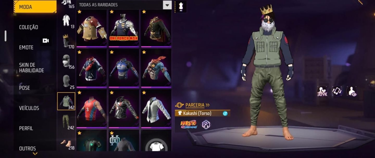 Conta de FF prime 7 com NARUTO, pé descalço, sombra roxa e jazz clássico