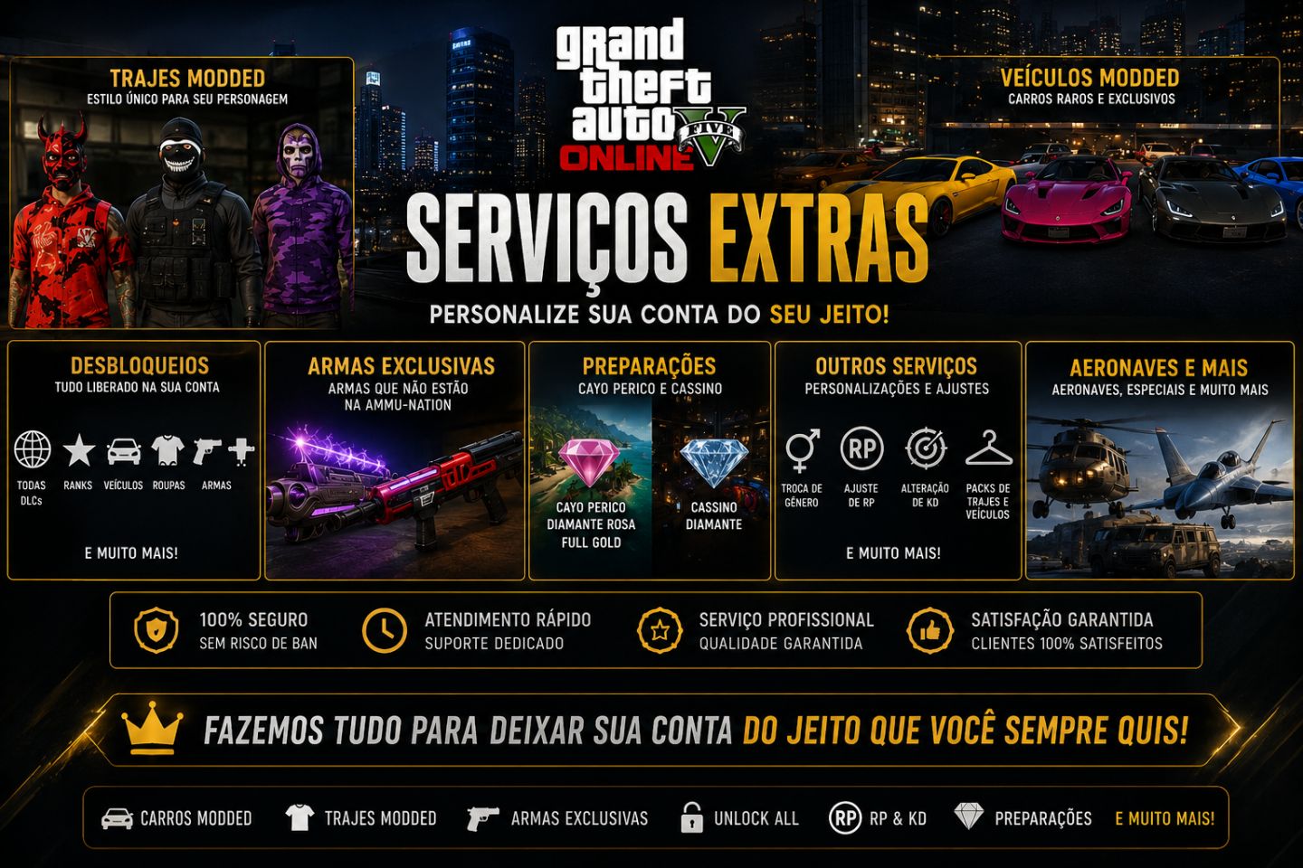 GTA V Online Serviços Extras Carros Trajes Unlock All RP