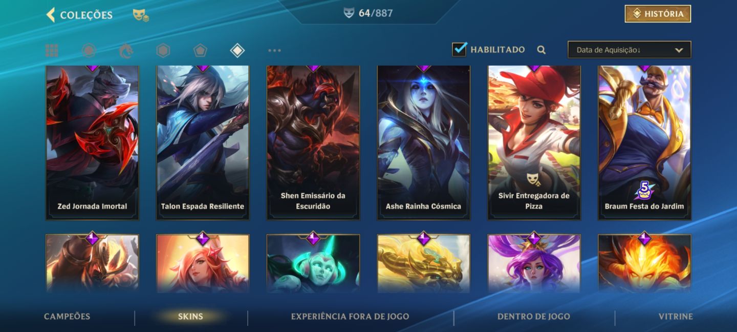 Lol wild rift,mais de 80 skins eu acho,skins de prestígio raras,e-mail sem nada