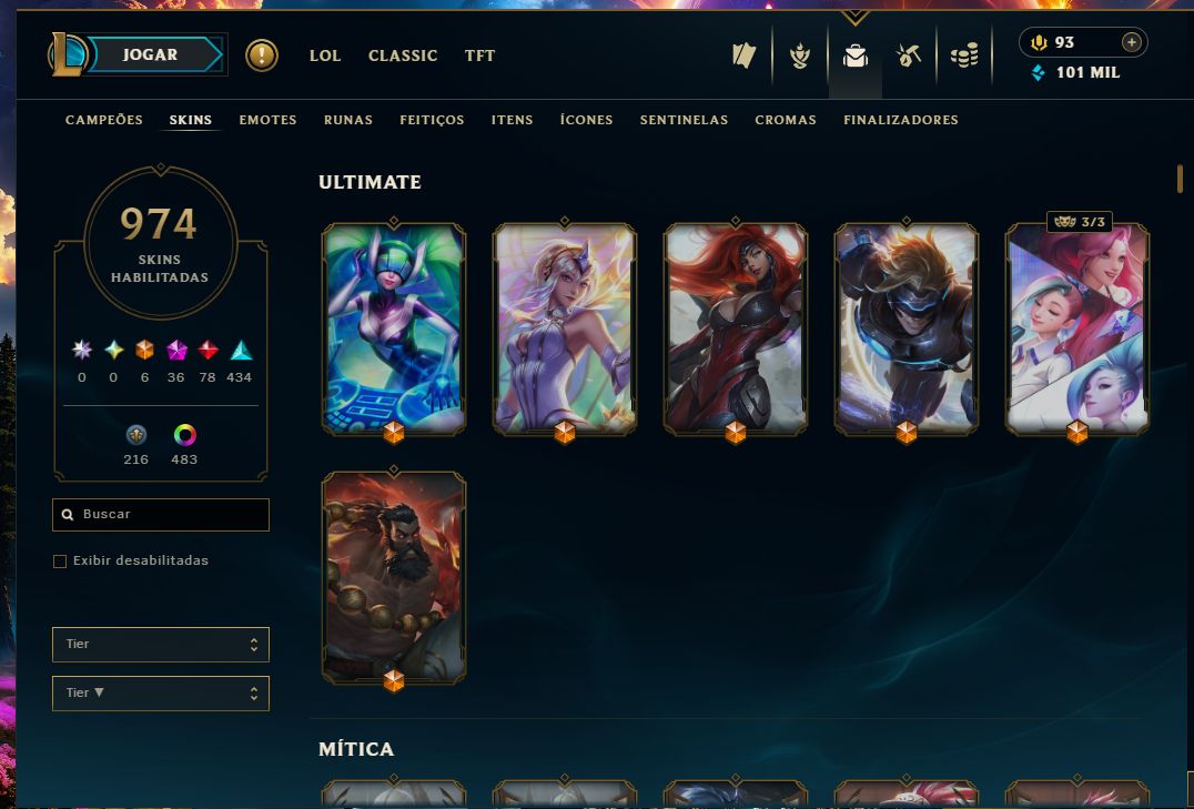 Conta League of Legends com 974 skins, e mais algumas skins no Valorant