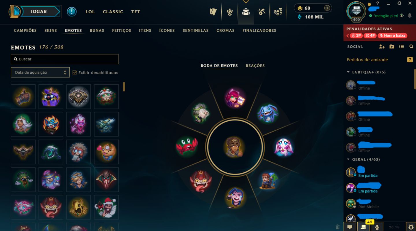 Conta LoL Ouro IV | Full champs | 178 Skins | Nível 400 | Full acesso