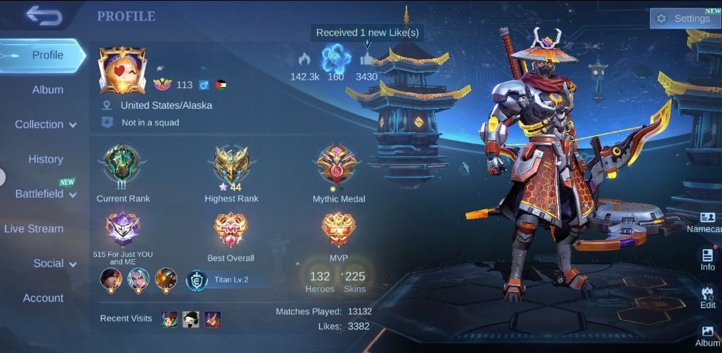 Conta Mobile Legends Lendary | 225 Skins | 133 Heróis | Collector Yi Sun-Shin