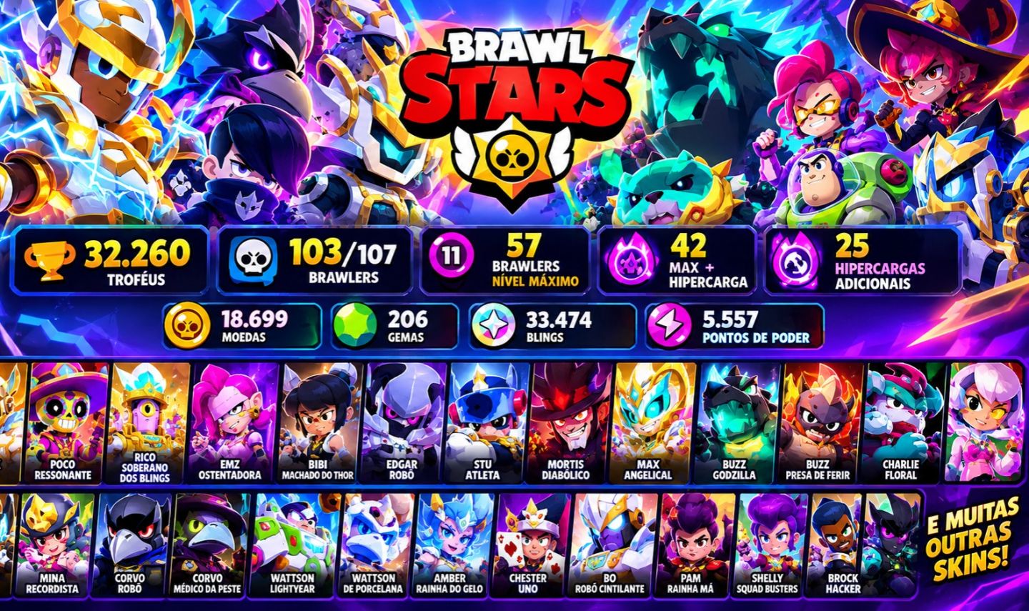 PROMOÇÃO CONTA BRAWL STARS GEMADA | 32K TROFÉUS | 103/107 BRAWLERS | 57 MAX