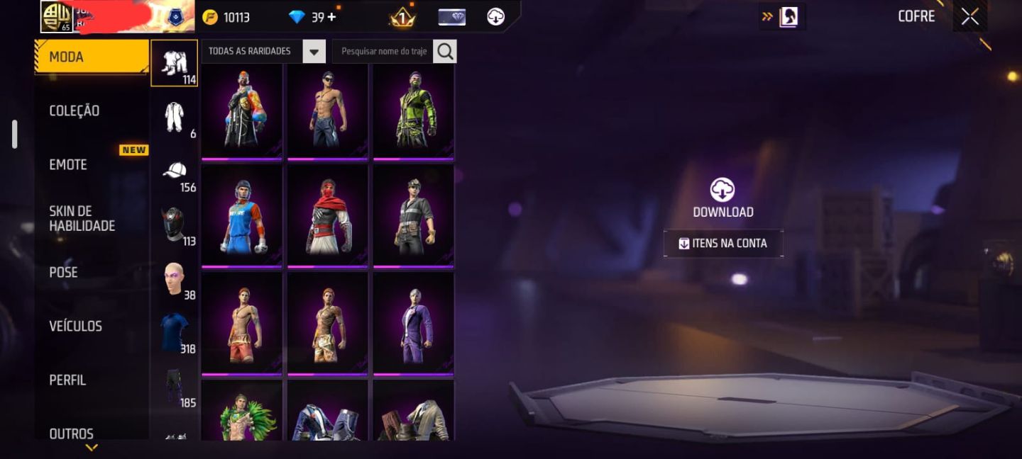 CONTA DE FREE FIRE RARA, COM VÁRIAS SKINS, GOLA ALTA, CALÇA ANGEL VERMELHA E ETC