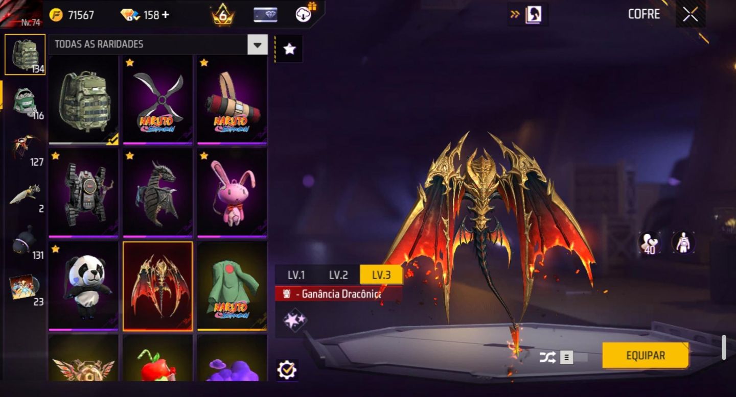 CONTA FREE FIRE PRIME 6 COM +620 PEITORAIS,BARBINHA,BANDEIRAO, ONE PUCH MAN +
