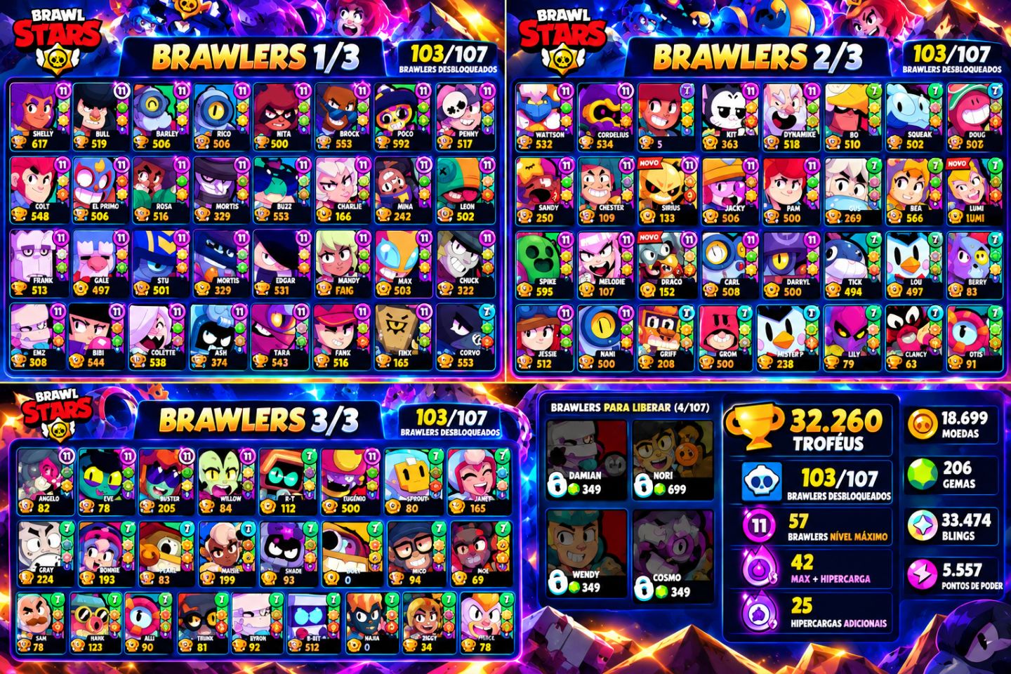 PROMOÇÃO CONTA BRAWL STARS GEMADA | 32K TROFÉUS | 103/107 BRAWLERS | 57 MAX